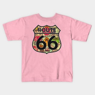 Route 66 Highway sign with old signs in the background Kids T-Shirt